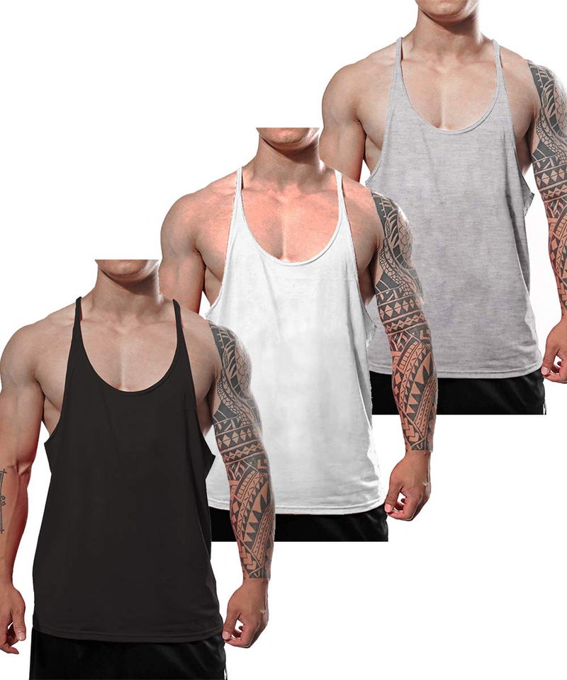 JEEING GEAR Men's Stringer Bodybuilding Workout Gym Tank Tops Y Back Cotton Color Black White Gray 3pc Size XL - Image 1